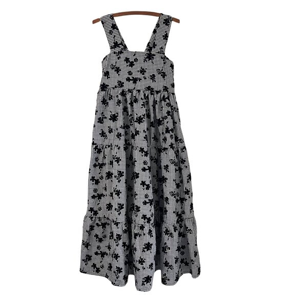 Dream Sister Jane Black White Gingham Flocked Florals Maxi Tiered Dress Size XS - Picture 1 of 9